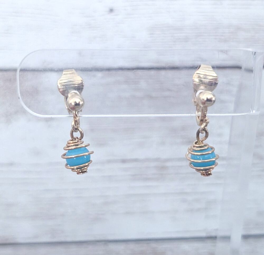 Vintage Clip On Earrings Dainty Light Blue & Gold Tone Dangle